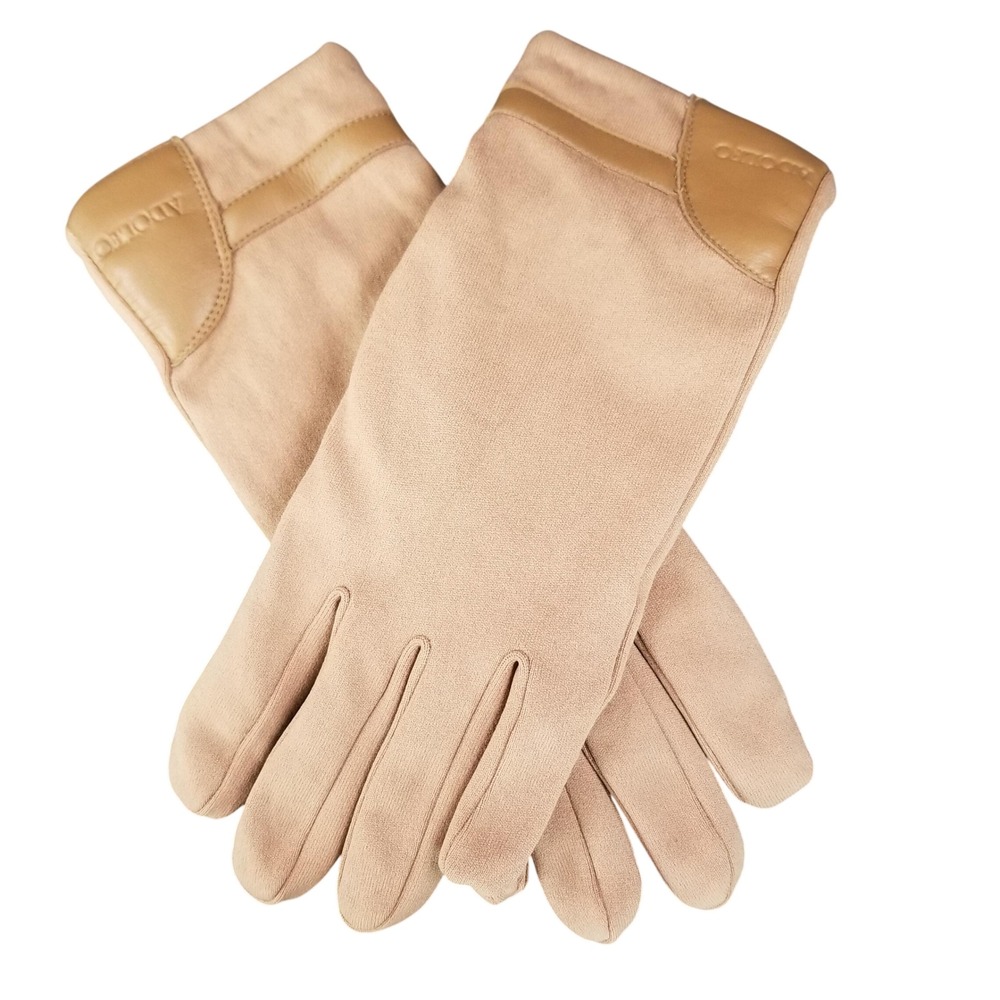 Adolfo Womens Tan Nylon Winter Gloves Faux‎ Leather Palm Acrylic Lined One Size
